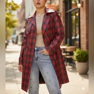 Stylish Red Plaid Women's Trench Coat NWOT